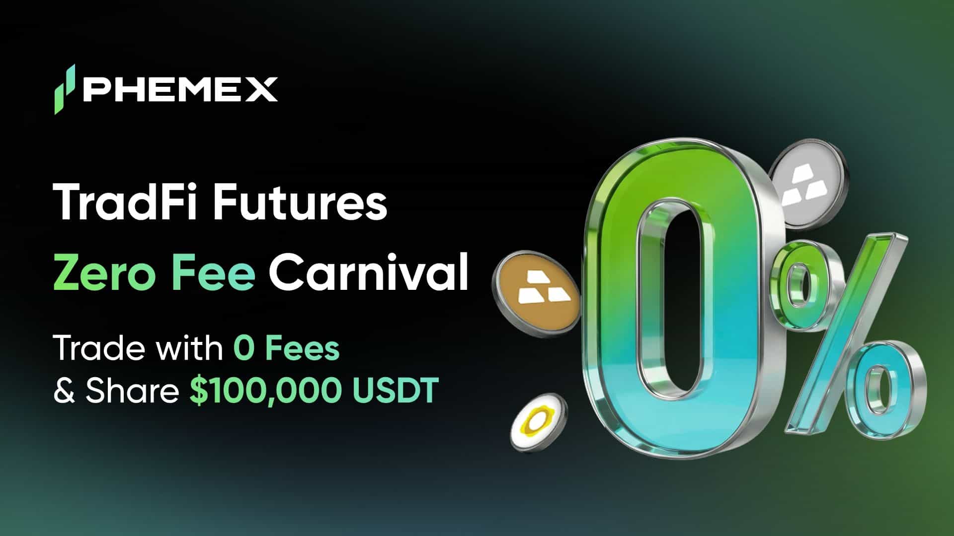 Carnaval de Taxa Zero em Futuros TradFi da Phemex: Negocie Ações e Ouro com 0% de Taxas e Participe de US$ 100.000
