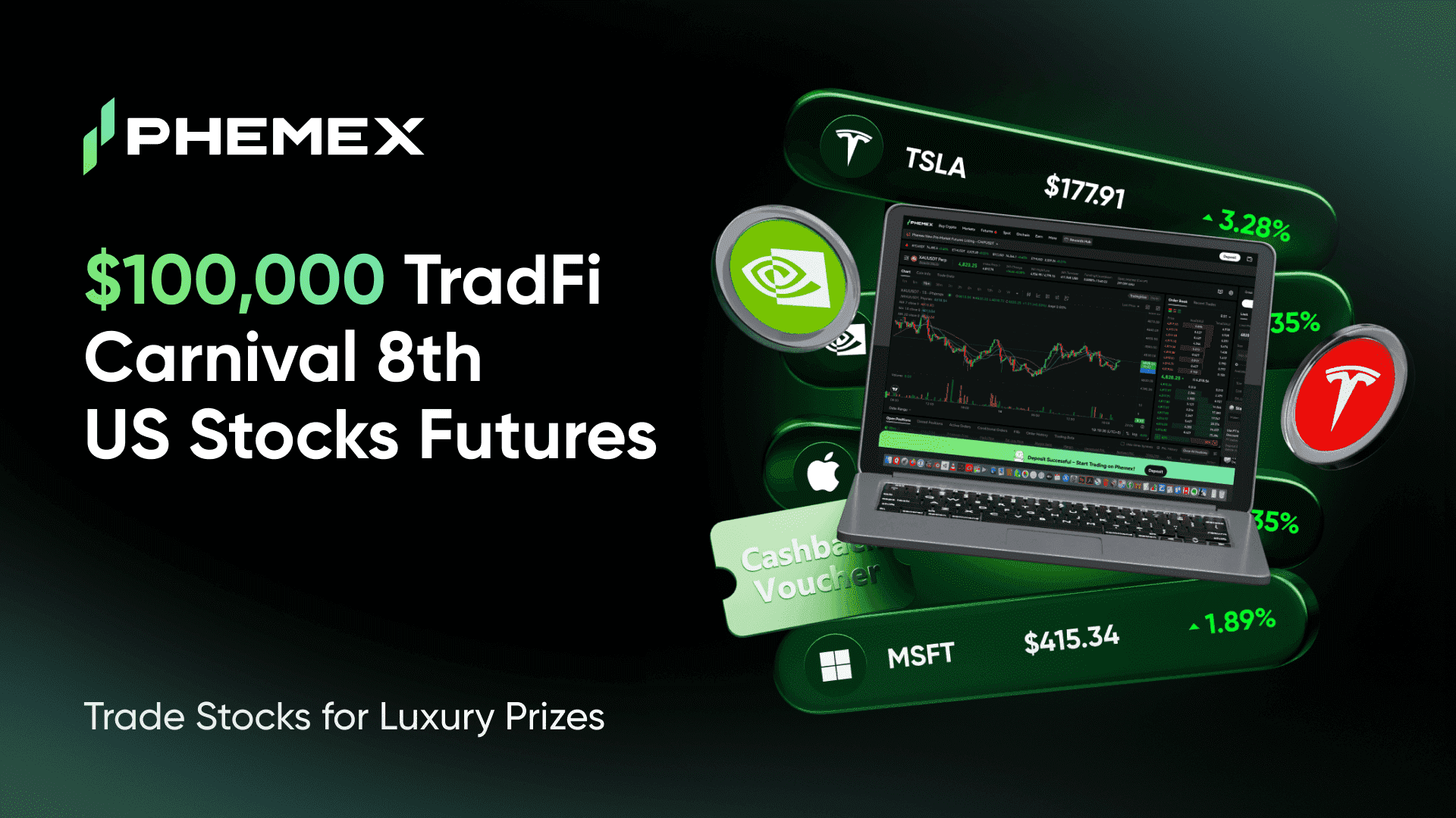 Carnaval TradFi de US$ 100.000 8ª edição: Negocie Futuros de Ações dos EUA e Ganhe Prêmios de Luxo na Phemex