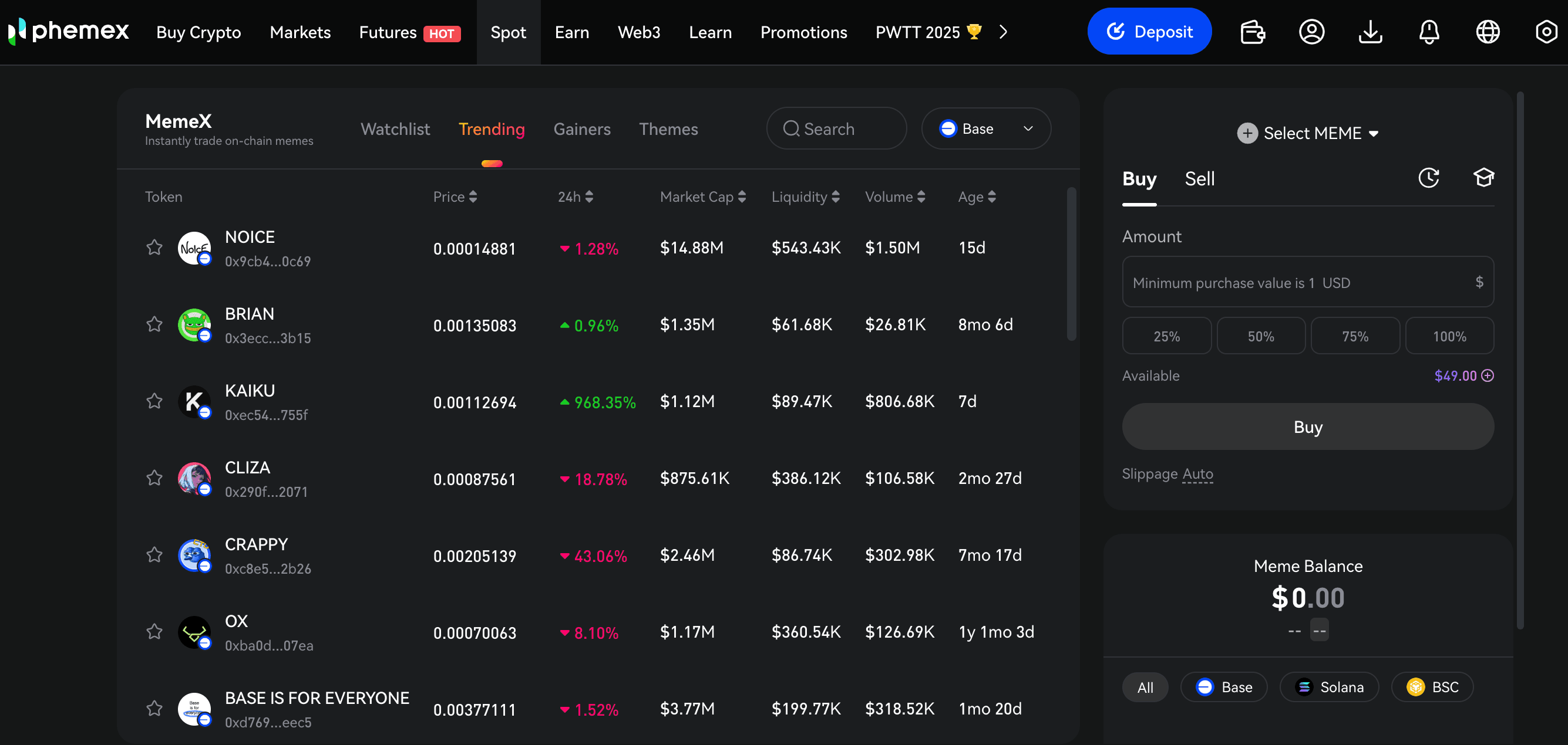 Phemex MemeX Trading Interface