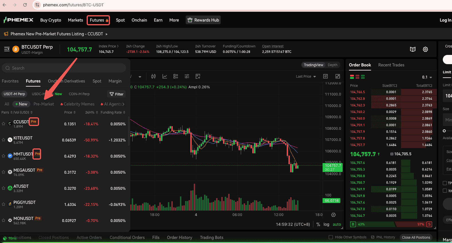 Sección de Trading Pre-Mercado en Phemex